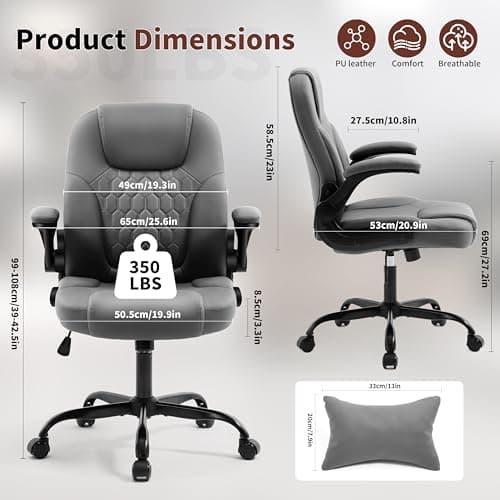 Executive Office Chair PU,Leather Office Chair with Wheels,360° Swivel Rolling Chair with Padded Arms,Ergonomic Computer Chair with Lumbar Support for Short People Use (Grey)