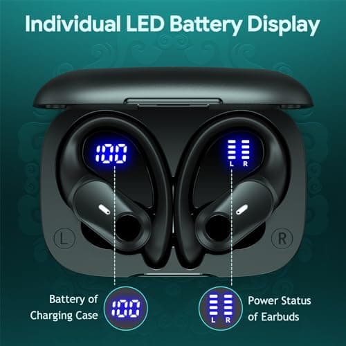 Hybrid Active Noise Cancelling Ear Buds Wireless Earbuds Bluetooth Headphones with 80H Playback Wireless Charging Case & Dual LED Display Over Ear Hooks Earphones for Sports Running Gym Workout Black