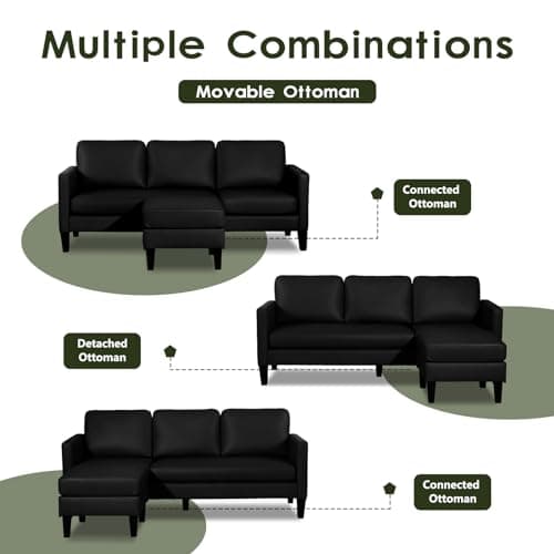 USSerenaY Faux Leather Sectional Couch, L Shaped Sofa with 3 Seater Couch and Reversible Chaise Convertible PU Leather Comfy Couches for Living Room (Black)