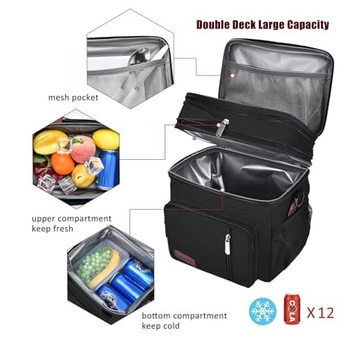 MIYCOO Lunch Bag & Lunch Box for Men Women, Double Deck Leakproof Insulated Soft Large Adult Camping Cooler bag for Work, Beach, Picnic, Travel (Black, 15L)