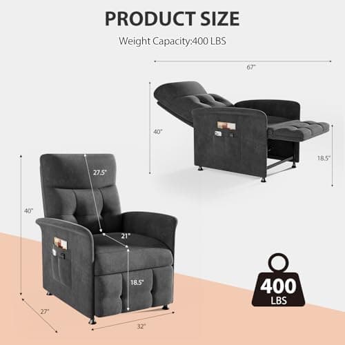 Power Recliner Chair for Adults with Heat & Massage - Soft Fabric Electric Reclining Sofa with Remote Control, 180° Lay Sleeper 3 Side Pockets for Living Room Home Theater, Dark Grey