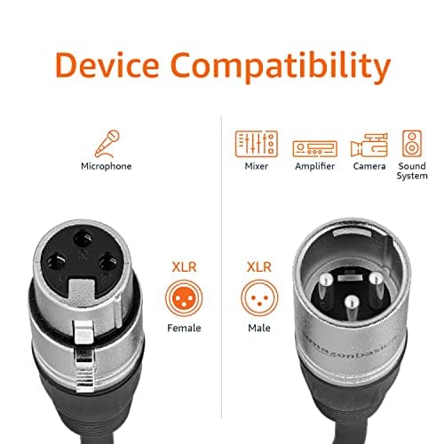 Amazon Basics XLR Male to Female Microphone Cable for Speaker or PA System, Recording Studio, All Copper Conductors, Low Noise Shielding, 6MM PVC Jacket, 6 Foot, Black