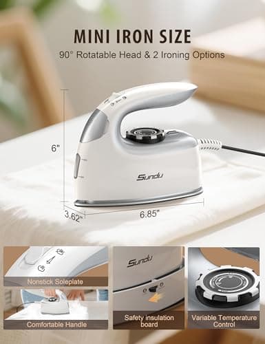 Sundu Mini Travel Iron with Steam,1000W Portable Non-Stick Soleplate Steam Samll Iron for Quilting & Sewing,300 Microsteam Holes,90ml water tank,lockable safety base,Digital Temperature Control-Silver