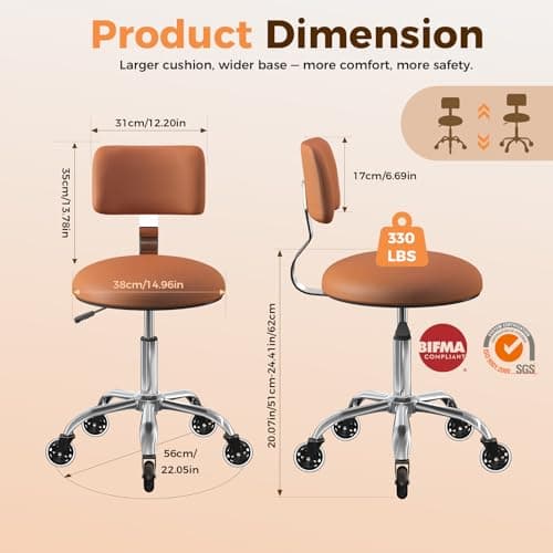 Rolling Stool Chair with Wheels, Office Drafting Chair with Back Support, Height Adjustable Standing Desk Stool with PU Leather Cushion for Home Office Kitchen Vanity Spa Garage Tattoo Dentist, Camel