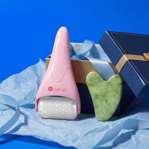 BAIMEI IcyMe Ice Roller for Face and Gua Sha Facial Tool Set, Ice Face Roller Reduces Puffiness Relieves Migraines Skin Care Tools, Self Care Gift for Women - Pink