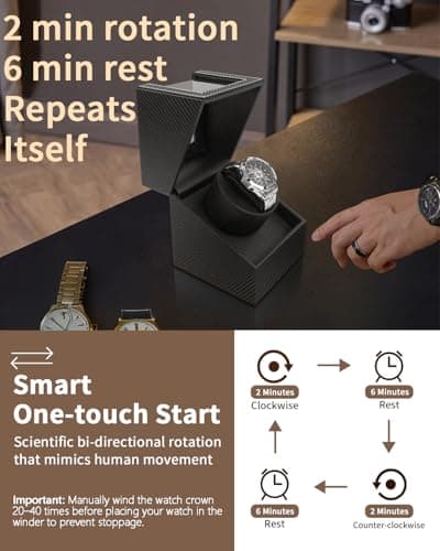 UnaMela Watch Winder for Automatic Watches: Automatic Single Watch Winder Box, Rotating Watch Case in Black Carbon Fiber Leather, Watch Rotator with Japanese Quiet Motor, Battery Powered or AC Adapter