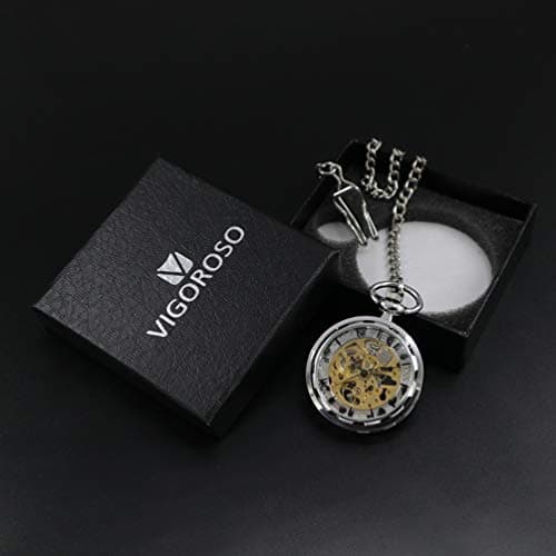 VIGOROSO Mens Classic Steampunk Pocket Watch with Chain Skeleton Hand Wind Mechanical Pocket Watches for Men & Women