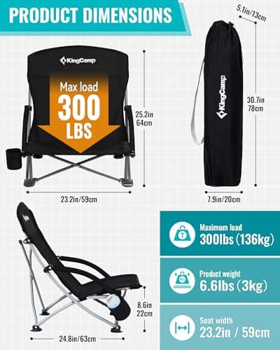 KingCamp Low Beach Chair, High Back Folding Camping Chair for Adults, Oversized Breathable Mesh Seat, 300lbs Heavy Duty Portable Chair with Cup Holder & Storage Pockets for Beach, Outdoor