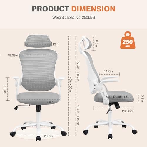 Sweetcrispy Home Office Desk Chair, Ergonomic High-Back Mesh Rolling Work Computer Chairs with Wheels and Adjustable Headrests, Comfortable Lumbar Support, Comfy Flip-up Arms for Bedroom, Study, Grey