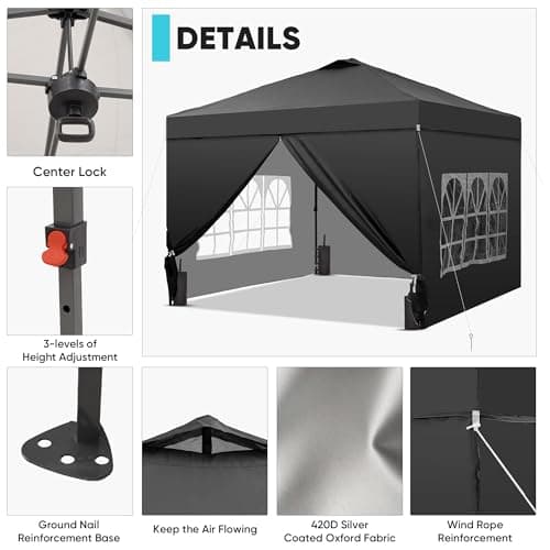 GDY 10x10 Pop Up Canopy Tent with 4 Sidewalls, Easy Set up with One Push Lift Outdoor Silver Coated Beach Gazebos, Carpas with 4 Sandbags, for Events, Parties,Camping, Black.