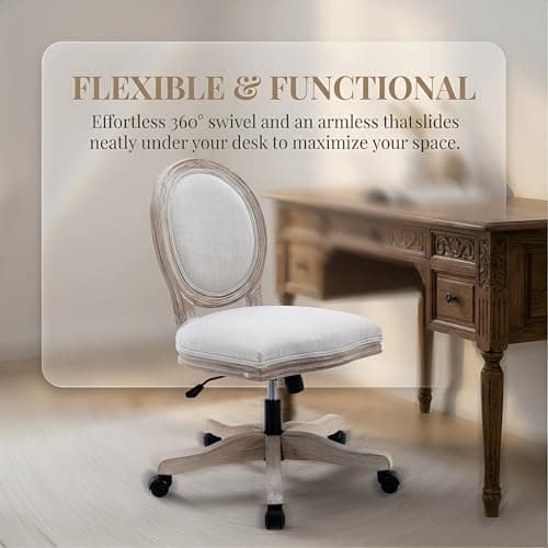 LukeAlon Vintage Linen 360° Swivel Chair, Beige Adjustable Height Task Chair, Armless Wood Frame, Round Back & Wheels for Home Office Study