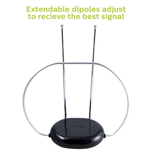 Philips Rabbit Ears Black Indoor TV Antenna, Dipoles and Circular Loop, Tabletop, Digital, Smart TV Compatible, HDTV, 4K 1080P VHF UHF, 5Ft Coaxial Cable, SDV8201B/27