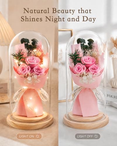 HVY Preserved Flowers Gifts for Her,Preserved Rose Bouquet in Glass Dome,Forever Flowers Fresh Bouquet Present for Women Mothers Day Birthday Gifts for Mom Wife Grandma,Pink Real Rose B0CQKXRQWD