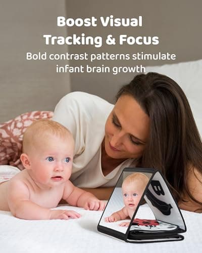 Newborn visual stimulation 0-6 months, Montessori sensory play, soft crinkle pages, folds flat, ties to crib and stroller Infinno High Contrast Baby Book, Black and White, Tummy Time Mirror Toy B0DHH7LGZT