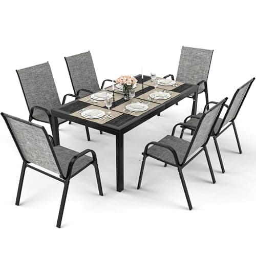 Pamapic Outdoor Dining Sets for 6, Rectangular Steel Slat Table with 6 Textilene Chairs, 7 Piece Patio Table and Chairs Set with Umbrella Hole for Patio, Garden, Backyard and Poolside (Grey)