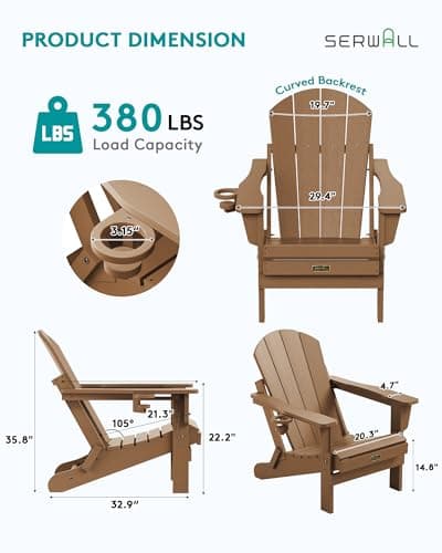 SERWALL Folding Adirondack Chair Set of 2 Outdoor Chairs Painted Adirondack Chair with Cup Holder Weather Resistant for Patio Deck Garden, Backyard Deck, Fire Pit- Brown