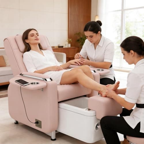 Artist hand Spa Chair with Foot Spa Basin, Manicure & Massage Chair, Electric Recline, 4-Head Back Massage, Hot/Cold Water Controls, LED Light & Jet Tub, Fast Drain Pump, Pull-Out Bowl (Pink)