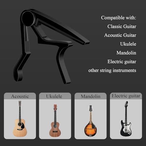Guitar Capo, Capo for Acoustic Guitar 6 String and 12 String, Guitar Capo with Pick Holder and 5 Picks, Metal Capo for Ukulele, Mandolin, Banjo, and other String Instruments (Black)