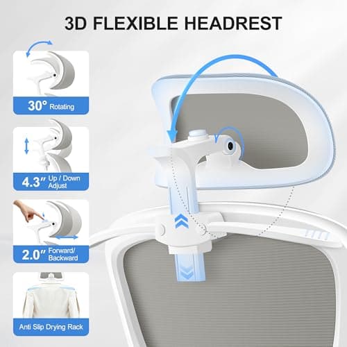 ALLGOD Ergonomic Office Chair, Mesh Desk Chair with Lumbar Support, High Back Home Office Chair with Adjustable Headrest and Flip-Up Arms, Comfortable Computer Chair, Thick Cushion, 300 LBS, LightGray
