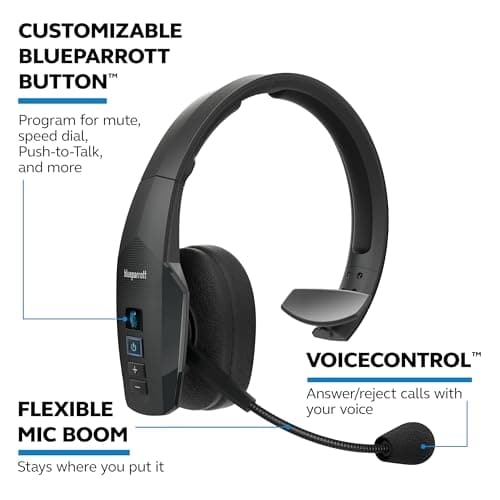 96% noise canceling headset for truck drivers; padded comfort, 24 hr talk time BlueParrott B450-XT Bluetooth Headset B087R97MM2