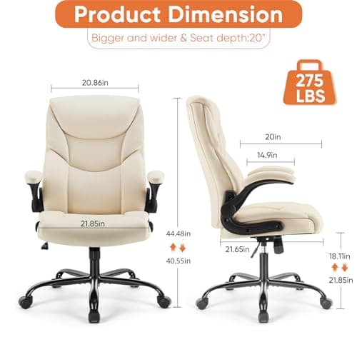 Sweetcrispy Ergonomic Office Chair Heavy Duty Task Desk Chair with Flip-up Arms, PU Leather, Adjustable Swivel Rolling Chair with Wheels, Beige