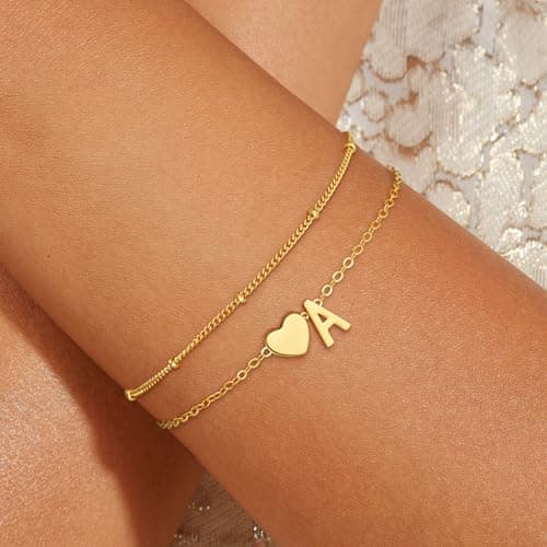 14K Gold Plated Heart Initial Bracelet Teen Girl Gifts Trendy Stuff Dainty Gold Bracelets for Women Girls Jewelry Gifts Gold Initial Bracelets for Women Teen Girl Gifts Trendy Stuff B0FHKTMNHG