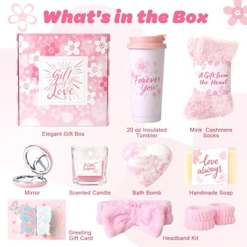 Birthday Gifts for Women - Cherry Blossom Spa Gift Box with Tumbler, Self Care Package for Mom Wife Sister Friend Grandma, Thank You Relaxation Basket for Mother’s Day Valentine’s Day Christmas (Pink)