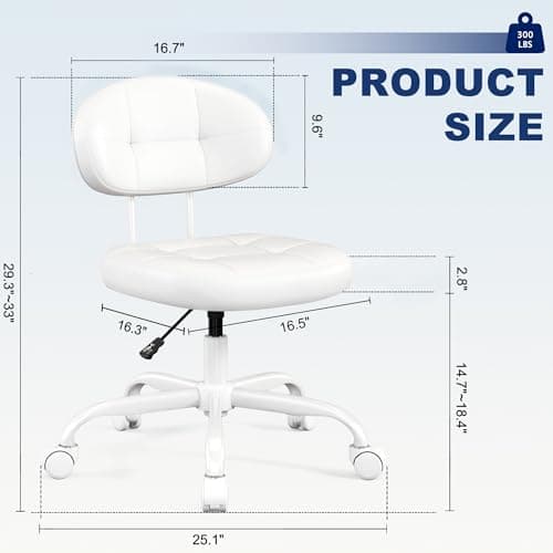 Misolant Vanity Chair with Back, Small Armless Cute office Chair with wheels and Lumbar support, Comfy PU Leather Desk Computer Chairs with Adjustable Height, 360°Swivel for Home Bedroom Office, White
