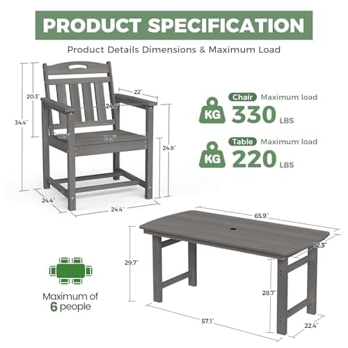 HDPE Outdoor Patio Dining Set with Table & 6 Chairs, All-Weather 7-Piece Outdoor Table and Chairs, 2" Umbrella Hole, Patio Furniture for Garden, Backyard, Deck | Grey