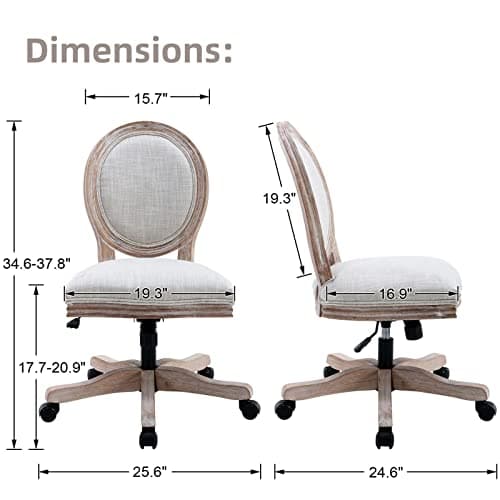 LukeAlon Vintage Linen 360° Swivel Chair, Beige Adjustable Height Task Chair, Armless Wood Frame, Round Back & Wheels for Home Office Study