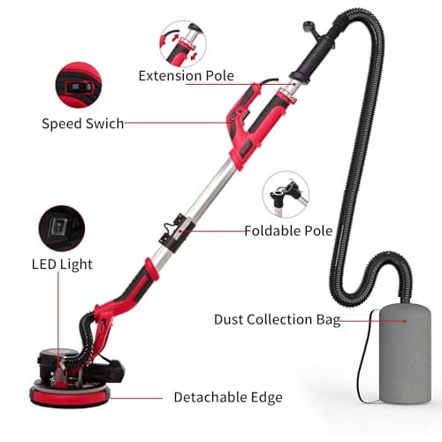 Cofiyard Drywall Sander with Vacuum Dust Collector,1250W Electric Drywall Sander ,7 Variable Speed LED Light 900-1800RPM,Foldable & Extendable Handle Ceiling Popcorn Removal Tool