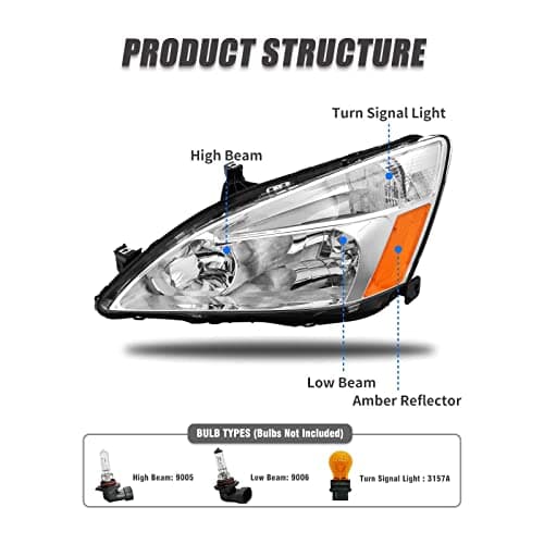 2003 2004 2005 2006 2007 Accord Headlight Assembly for 2003-2007 Honda Accord 2/4dr Clear Lens Chrome Housing with Amber Reflector Headlamp Replacement Left and Right Pair（W/O Bulbs）