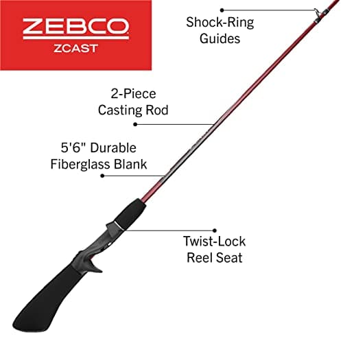 Zebco Z-Cast Casting Fishing Rod, 2-Piece Durable Z-Glass Fishing Pole, Comfortable EVA Rod Handle, Shock-Ring Guides