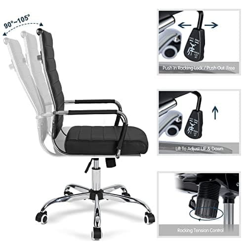 Home Office Chair Ribbed, Modern Leather Conference Room Chairs, Ergonomic Office Desk Chair, High Back Executive Computer Chair, Adjustable Swivel Chair with Arms (Black)