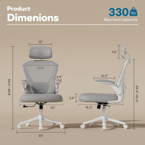 SeekFancy Ergonomic Office Chair M903, Computer Desk Chair with Wheels, High Back Mesh Office Chair with Adjustable Lumbar Support, Headrest, Flip-Up Armrests, White Grey