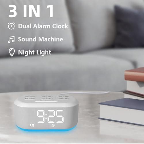 Small Digital Alarm Clock for Bedrooms Sound Machine with 30 Soothing Sound Plug in Bedside Clock with Night Light Noise Machine Battery Backup 15 Wake up Sound Clock for Teen Kid Heavy Sleeper Snooze