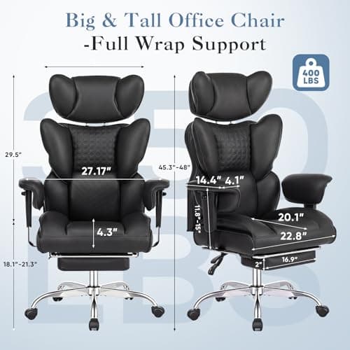 DUMOS Big and Tall Home Office Desk Chair, Gaming Computer Chair, Executive Ergonomic Chair with Footrest, High Back Reclining, Adjustable Armrests and Comfy Lumbar Support, PU Leather, Black