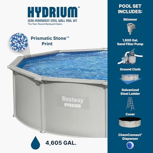 Bestway Hydrium Above Ground Swimming Pool, 15' x 48" Round Steel Wall Pool Set with Sand Filter Pump, Chemical Dispensers, and Accessories