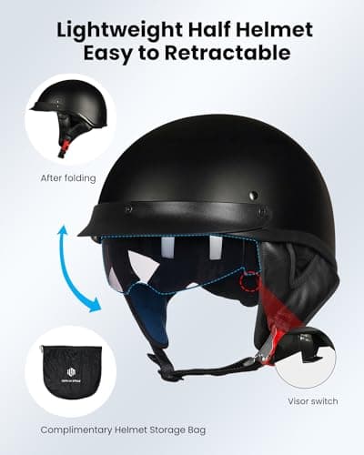 ILM Half Helmet Motorcycle Open Face Sun Visor Quick Release Buckle DOT Approved Cycling Motocross Suits Men Women Model-205V (S, Matt Black)