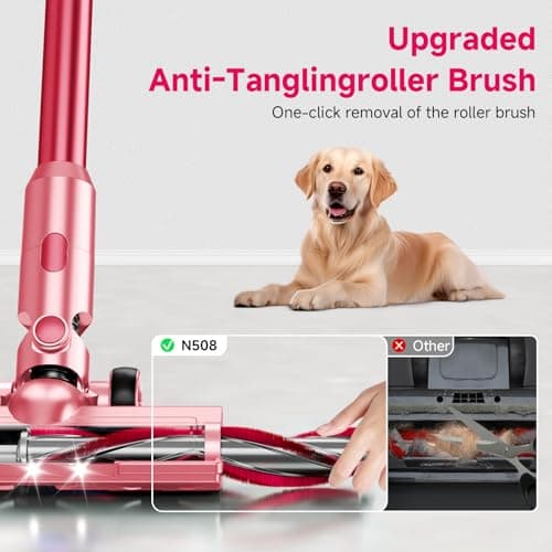 Cordless Vacuum Cleaner, 38Kpa Powerful Stick Vacuum Cleaner with 45mins Rechargeable Battery, LED Anti-Tangle Brush, 8-in-1 Handheld Vacuum Cleaners for Home/Pet Hair/Carpets/Floors, Pink