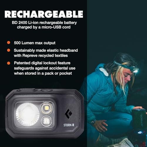 BLACK DIAMOND Storm 500-R Rechargeable Headlamp | 500 Lumens Brightness | Micro-USB Charging | Waterproof & Compact | Camping, Hiking, Running | BD Black