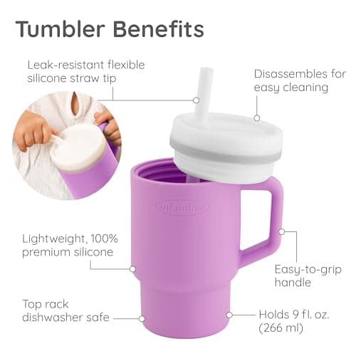 BPA-free silicone straw helps reduce spills while little ones build confidence with independent sipping Infantino My 1st Tumbler Straw Cup with Handle, 9oz, Lilac B0DF3L6CQ1