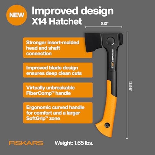Fiskars X14 Universal Hatchet 14", Forged Steel Blade for Limbing & Chopping Kindling, Ergonomic Curved FiberComp Handle & Low-Friction Coating for Clean Cuts in Fresh Resinous Wood