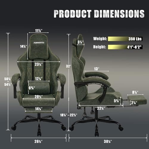 Gaming Chair Big and Tall, Green Leather Video Game Chairs with Footrest, Padded Linkage Armrests & Large Headrest, Ergonomic Computer Chair 350lbs for Adults Gaming or Office Use
