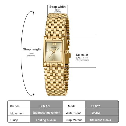 BOFAN Gold Watches for Women Luxury Ladies Quartz Wrist Watch with Stainless Steel Bracelet,Waterproof,Casual Fashion Square Dial.Band Adjustment Tool Included
