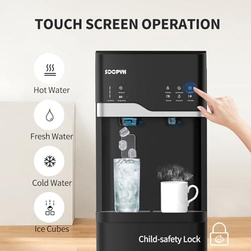 Self Cleaning Hot and Cold Bottom Load Water Cooler Dispenser with Ice Maker 5 Gal Built-in Bullet Ice Maker 22lbs Daily Capacity Black