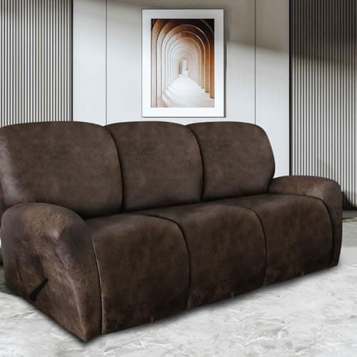 ANARACHON Leather Look Recliner Couch Cover 8-Piece Recliner Sofa Slipcovers 3 Seater for Reclining Couches Furniture Protector Spandex Fabric Washable (Recliner Sofa, Brown)
