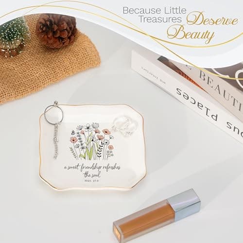 Soul Sister Gift for Women Christian - Sweet Friendship 4.5"X4.5" Floral Ceramic Jewelry Dish Tray - Tricket Dish HEXMOZ Friendship Gifts for Women Friends - Best Friend Birthday Gift Ideas B0FHHBVHR6