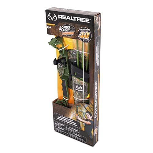 NKOK Realtree Jr. Compound Bow Set; PVC Tipped Suction Cup Arrows Can Be Propelled Up to 40 Feet; 3 Arrows and Target; Red LED Scope; Age 6+