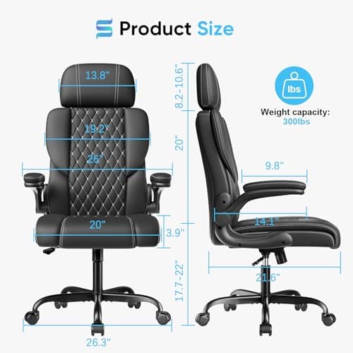 Sytas Executive Leather Office Chair, Comfy Desk Chair with Adjustable Headrest & Flip-up Padded Arms & Lumbar Support, Adjustable Hight and Tilt, Rolling Swivel Chair, Black